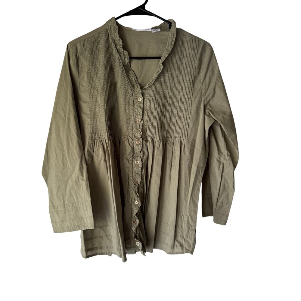 NorthStyle 100% Cotton Pintuck Peasant Top Large Sage Green Ruffle Boho‎